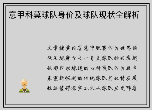 意甲科莫球队身价及球队现状全解析